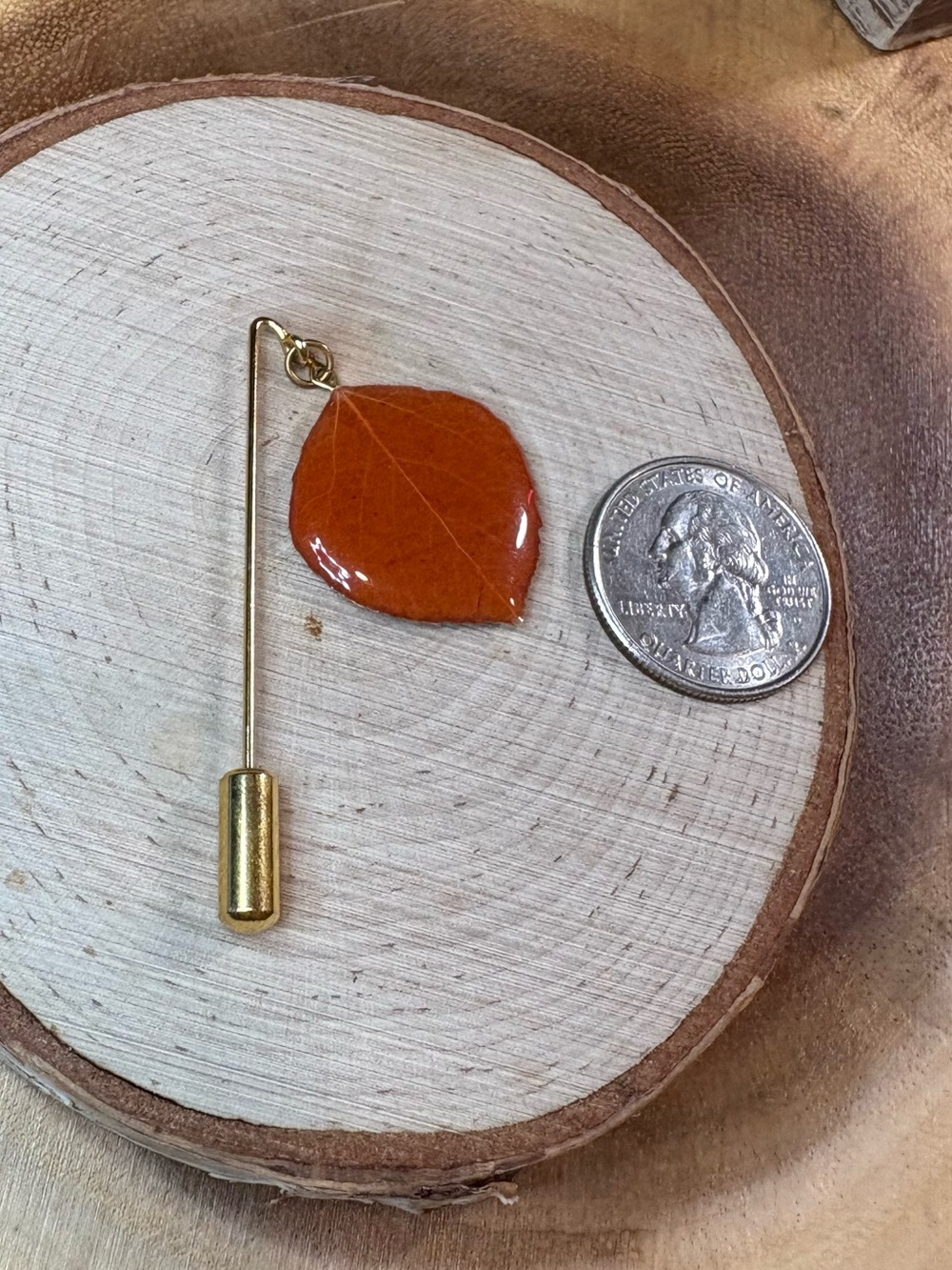 Gold Stick Pin with Orange Leaf Charm